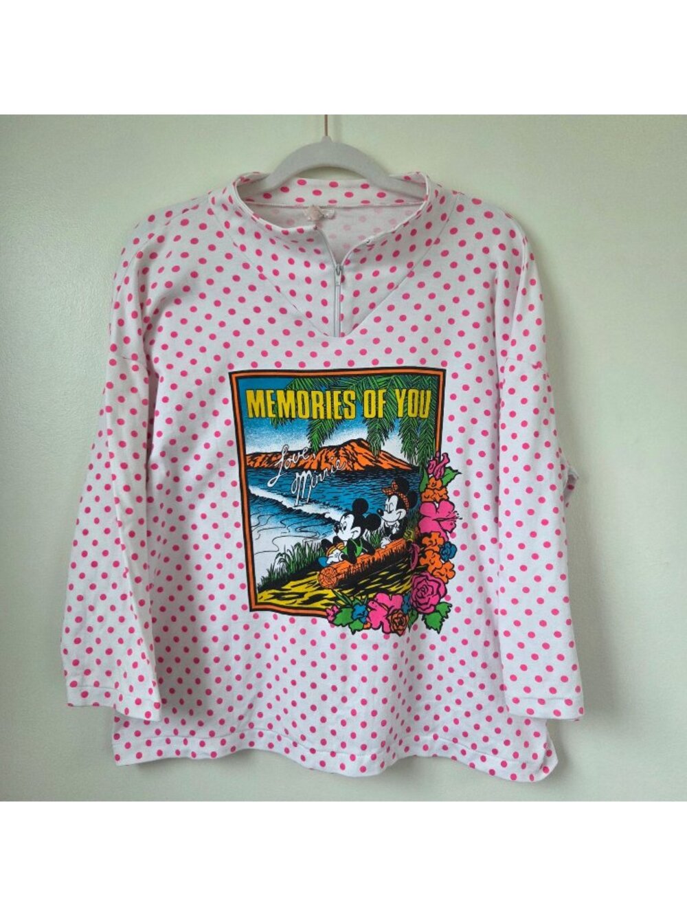 Vintage Disney Wear Pink Polka-Dot Graphic 3/4 Sleeve Women's Large